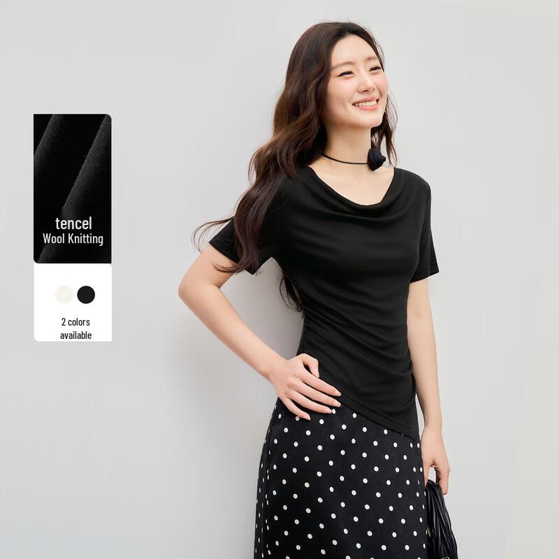 Drape Neck Pleated T-shirt S чёрный