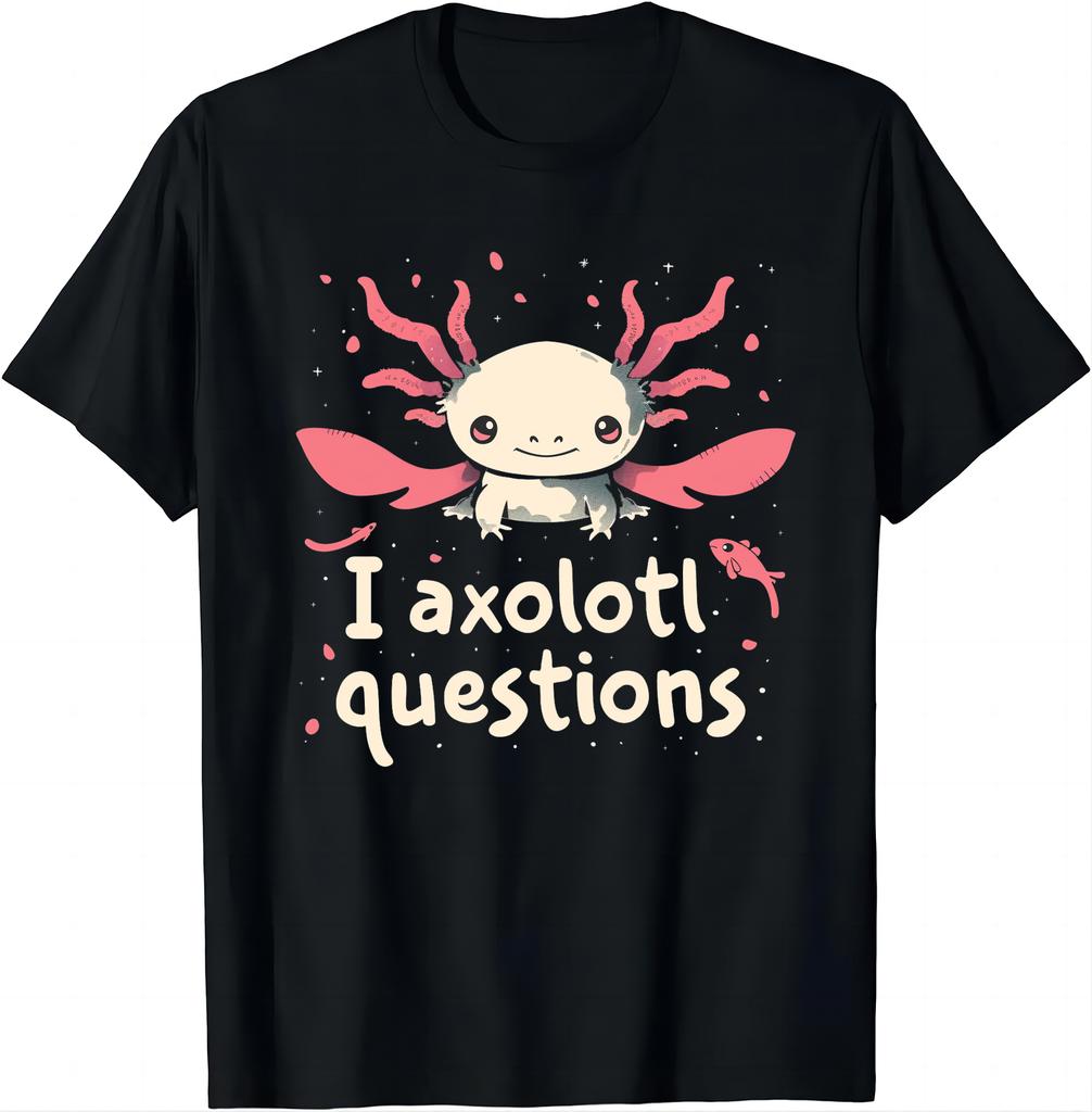 Czarny T-shirt z uroczym aksolotlem Zabawne Pytania dla Śmiechu Koszulka Koszulki Graficzne Odzież Unisex Top Streetwear