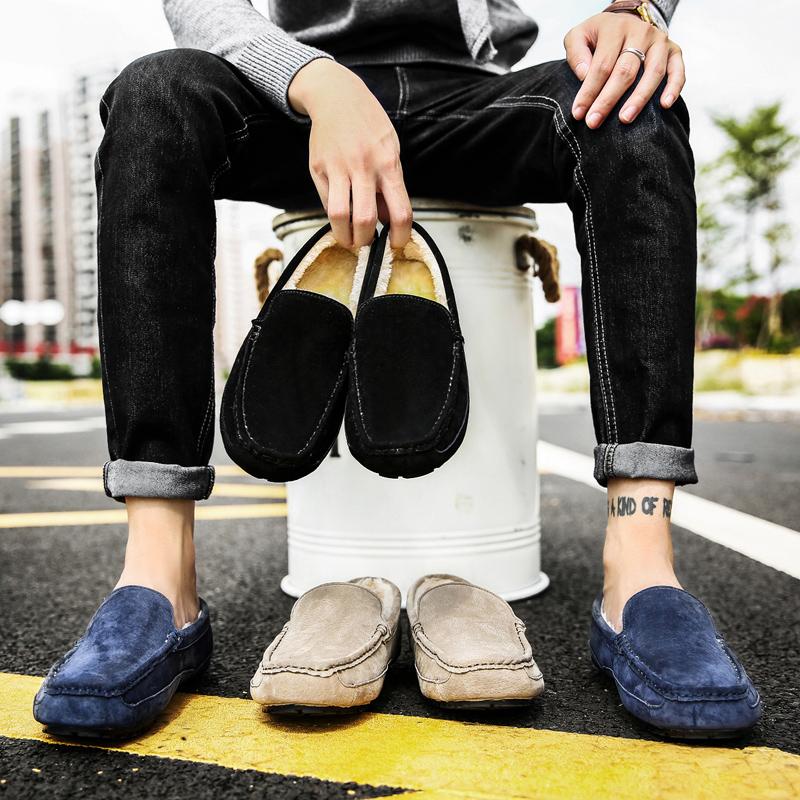 Fashion Mens Loafers Plush Suede Leather Driving Shoes Casual Brand Winter Warm Fur Man Moccasins Slip On Driving Loafer Male Boat Shoes