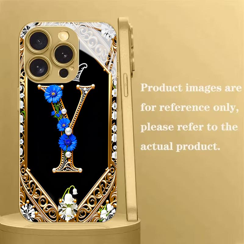 Black Gold Y Letter Tempered Glass Phone Case For iPhone 17 Pro Max 16 15 14 Plus 13 12 11 Pro Max 16E 17 Air Lens Protect Cover