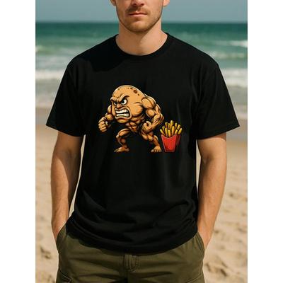 European Sizes Muscle Fries Men's Printed Short-sleeved T-shirt, Loose Round-neck Top, Short-sleeved, Regular Version Short-sleeved T-shirt