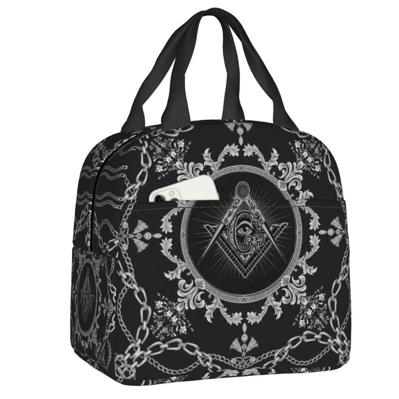 Custom Freemason Square & Compass Gold Masonic Thermal Insulated Lunch Bag Women Resuable Lunch Tote for Picnic Storage Food Box