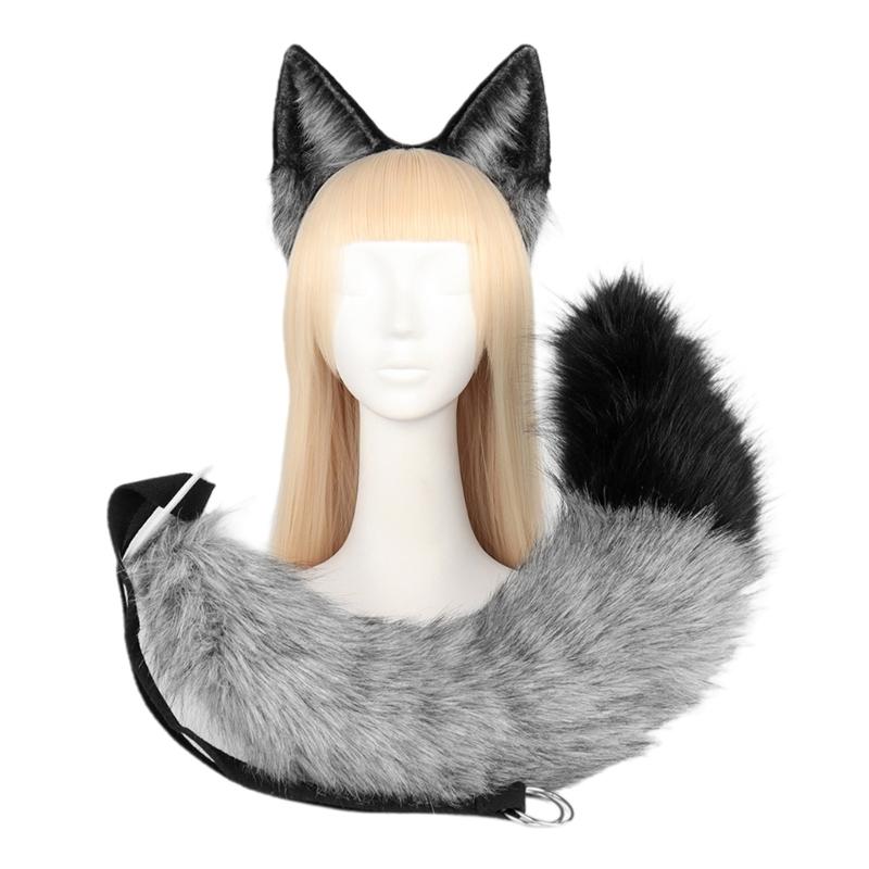 Fox for Cat Ears Headband and Faux Fur Tail for Halloween Cosplay Party Costume Accessories for Cat Ears Tail Set for Ad