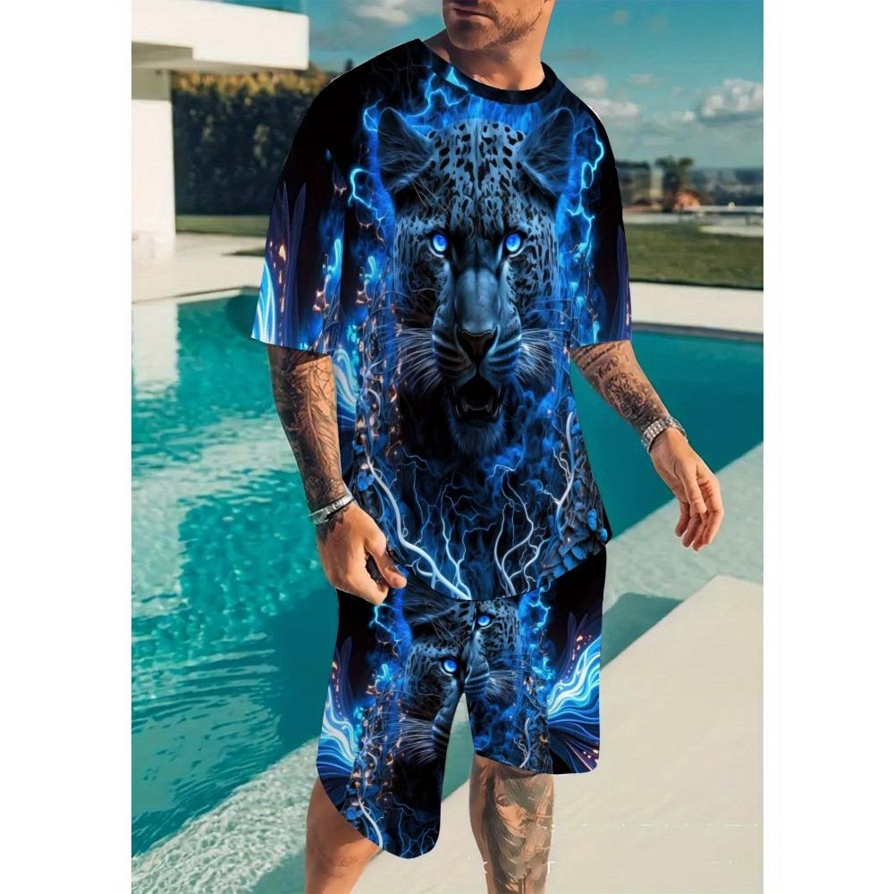 Fashionable and Comfortable Lion Print Short Sleeve T-Shirt and Shorts Set, Loose Summer Men's Two-Piece Outfit