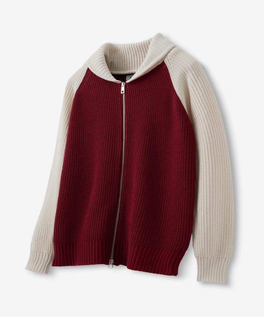 BLOND9 Shawl Collar Raglan Knit Zip-Up_Deep Red