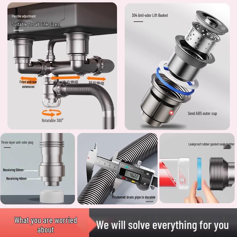 Anti-Clogging & Odor-Resistant Kitchen Sink Drain Pipe for Vegetable Washing Basin (Single/Double Bowl)