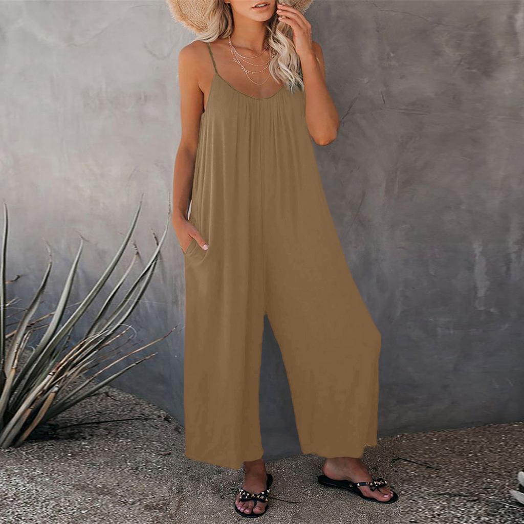 Women's Color Overalls Sleeveless Vest Pocket Casual Jumpsuit