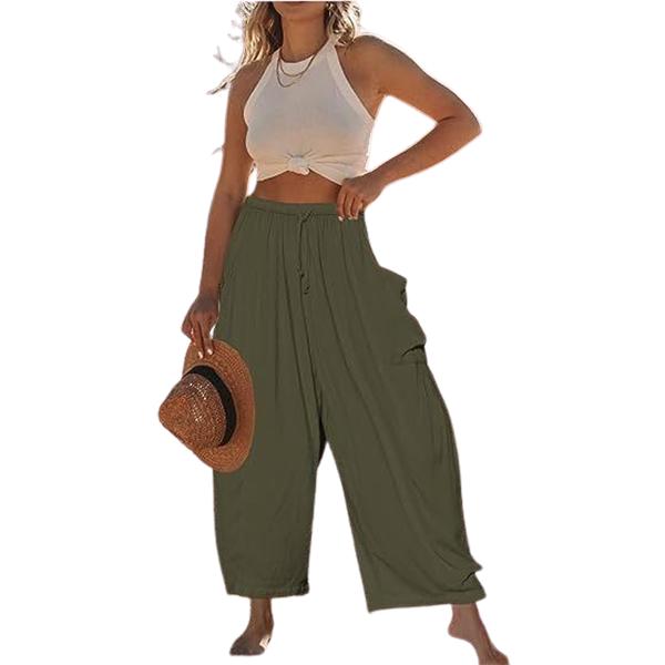 

Women s Linen Pants Casual Drawstring Waist Trousers Loose Wide Leg Hippie Pants With Pockets 3XL армия зеленый