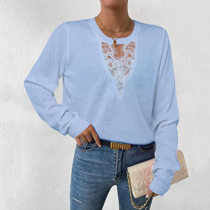 

ZANZEA Женский повседневный ажурный кружевной сращивающийся тонкий вязаный свитер с длинным рукавом 2XL синий