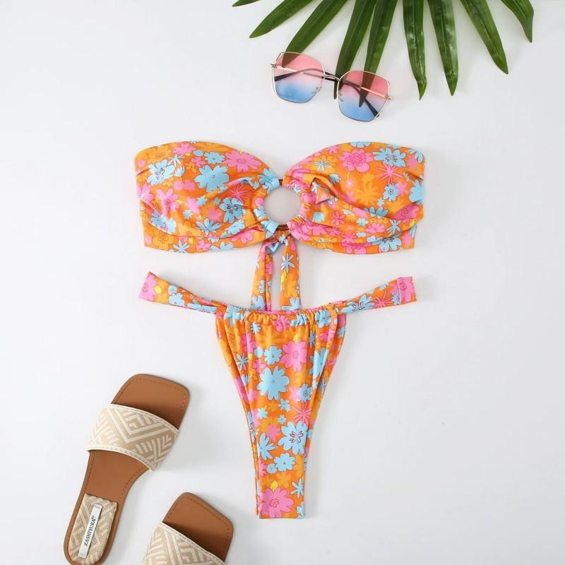 Split Bikini Print Tube Top Sexy Tight Beach Swimsuit Women