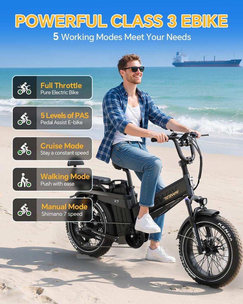 Tesway X7 Pro Electric Bike, Peak 2000W Motor, 52V 60Ah Battery, Range 300km, 20*4.0'' Tires, 7 Speed, Color Display