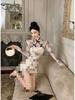 Spring Floral Pleated Qipao-Style Hollow Button-Up Dress - Slim Fit, Sexy, Short, and Hip-Hugging for Women