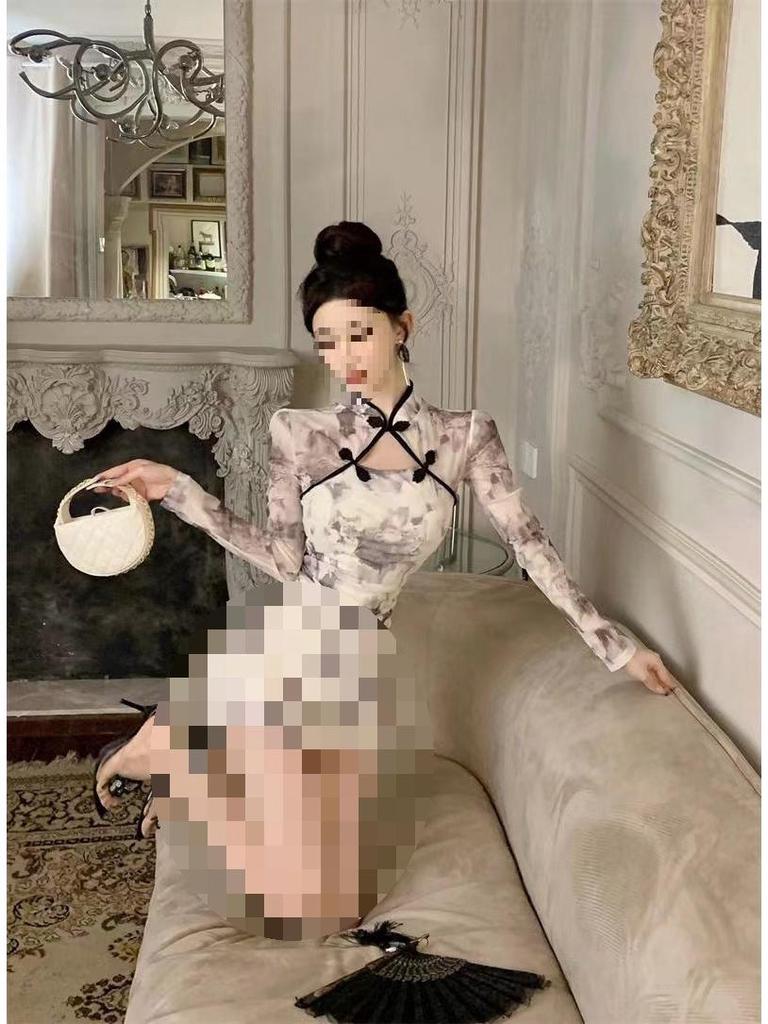 Spring Floral Pleated Qipao-Style Hollow Button-Up Dress - Slim Fit, Sexy, Short, and Hip-Hugging for Women