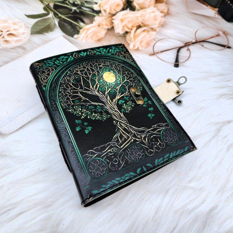 Tree & Moon Leather Journal, Leather Notebook, Sketchbook, Leather Dairy, Deckle Page Writing Journal, Book Wedding Gift, Personalized Gift.