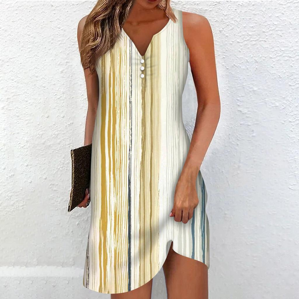 Damen V-Ausschnitt Sommer Sommerkleider Casual Knielang Ärmellos Tank Kleid Sommer