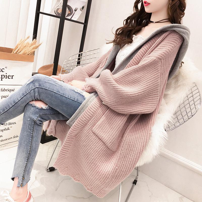 Autumn and Winter Women's Sweater Jacket Female Mid-length Colorblocking Hooded False Two-piece Knitted Cardigan Female Comfortable Versatile