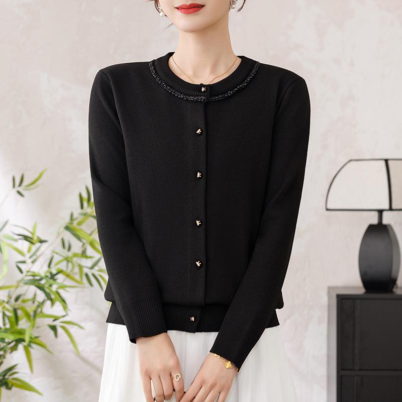 Spring Knit Top for Middle-Aged & Elderly Women - Round Neck Cardigan Sweater