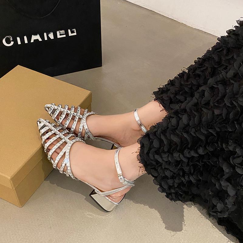 Summer Sandals Pointed Toe Hollow Crystal Women Shoes Fashion Women Leather Slingbacks Pumps Wedding Bridal High Heeled Shoes