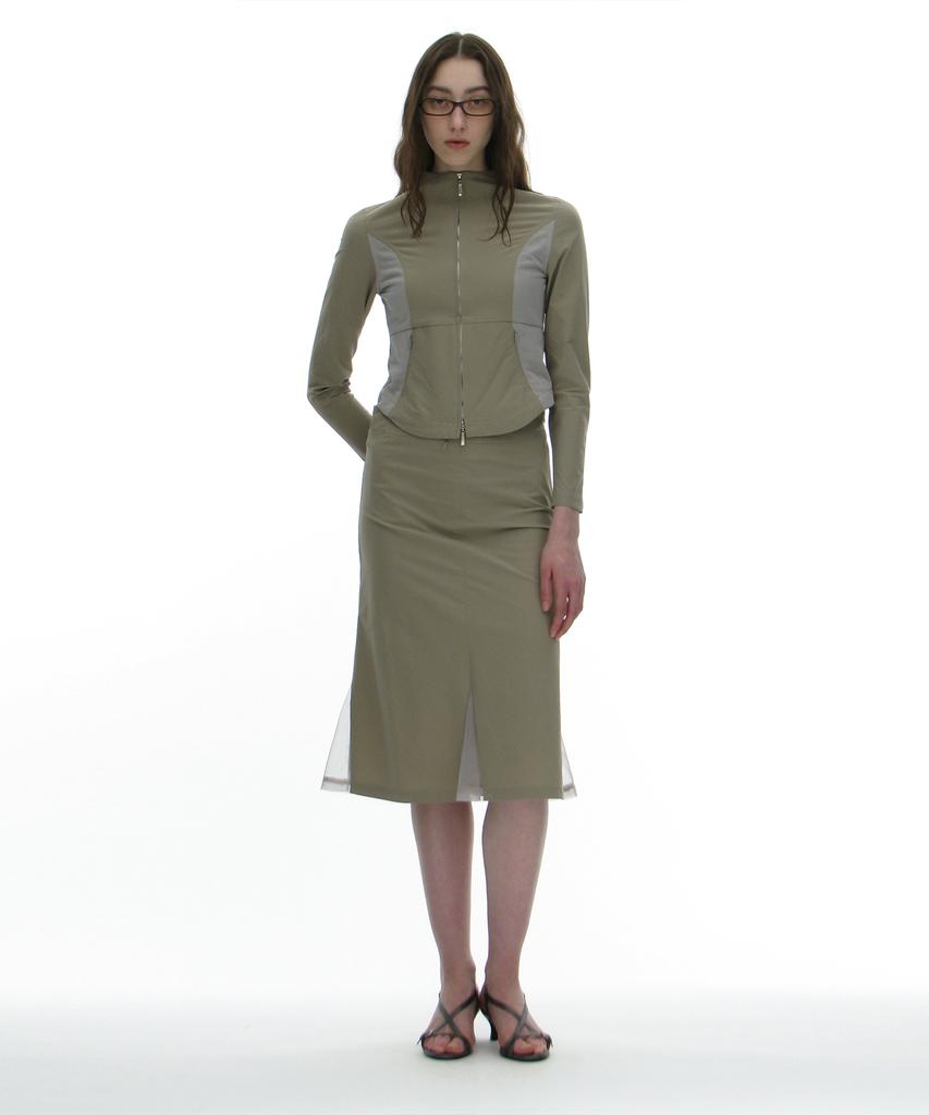 Partimento Woman Mesh Layer Gored Midi Skirt_Light Khaki
