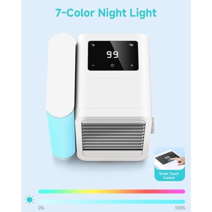 Portable air conditioner fan for bedroom, office, home: evaporative mini air cooler with 7-color night light, USB-powered perso