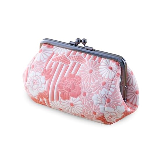 Noren Japanese Pattern Tawara-Shaped Clasp Pouch (Embossed Retro Flower - Pink) Round