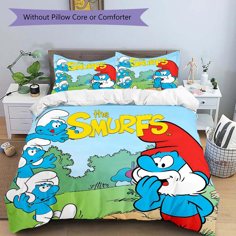 Smurfs Adventure Print 3Pcs Bedding Setduvet Cover With 2 Bedropillowcase Home Birthday Gift