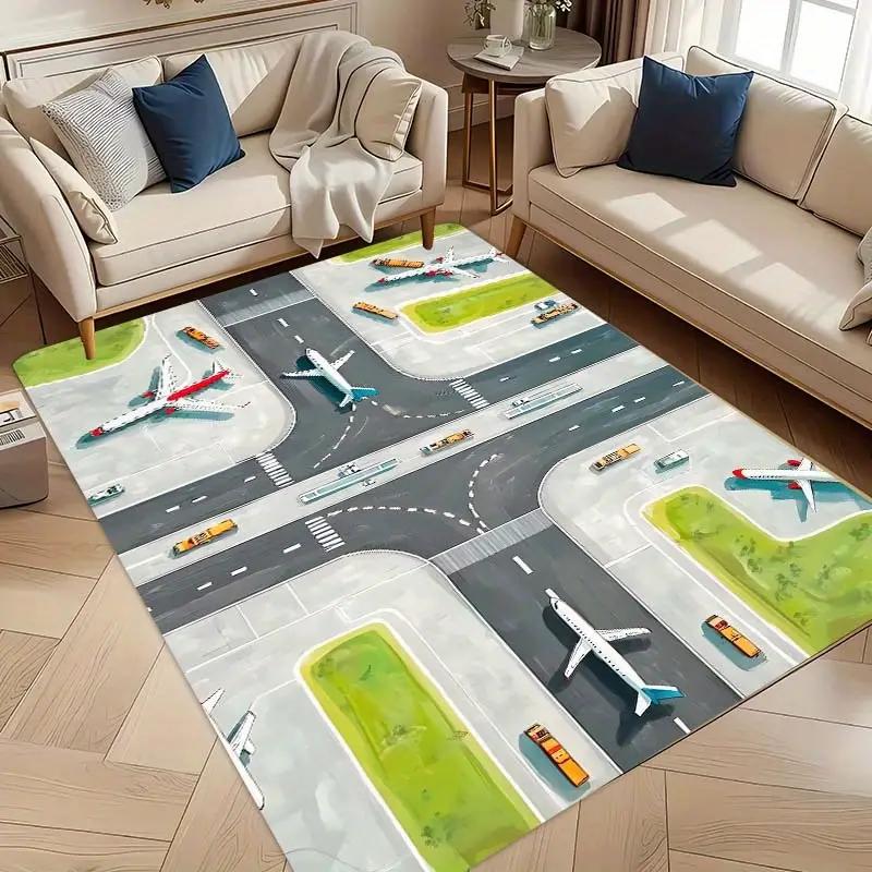 Kids Play Mats Cartoon Airport Landing Strips Top View Aircraft and Airplane Arrival Carpet Kids' Bedroom Playroom Nursery Decor