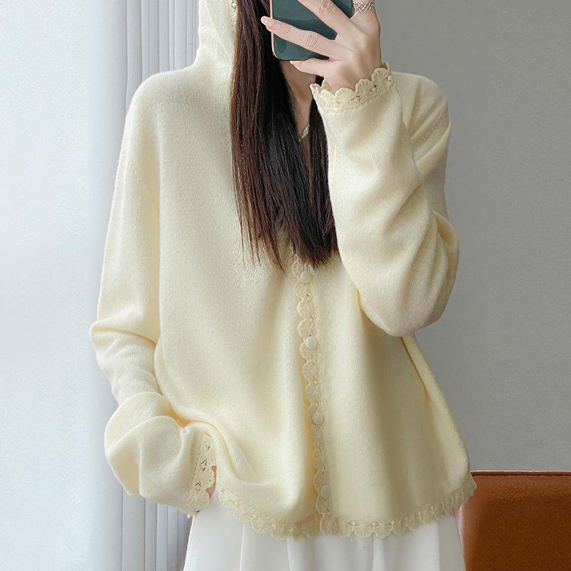 Autumn/Winter 2025 Slimming Lace Hooded Knit Cardigan - Versatile Long-Sleeve Stylish Casual Outerwear.