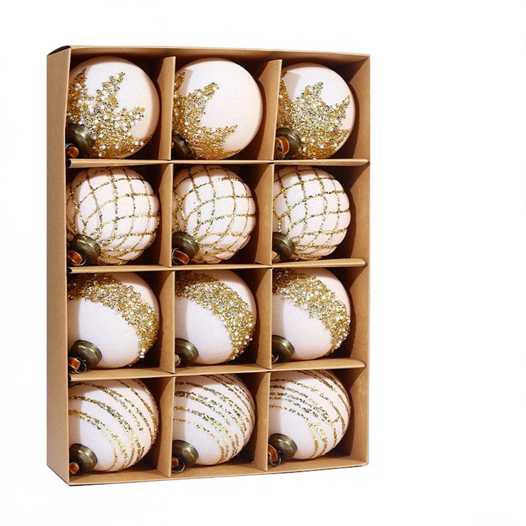 Painted Plastic Christmas Tree Decorative Hanging Ornaments, 8cm 12pcs Flocked Christmas Ball Set