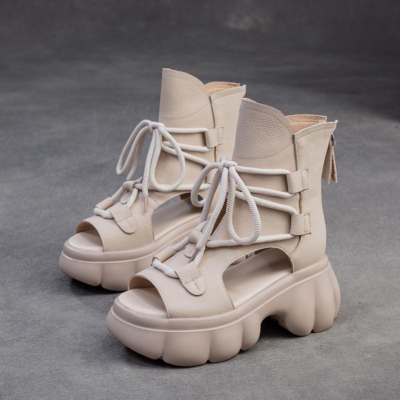 GKTINOO 2025 Spring/Summer New Genuine Leather Thick Soled Peep Toe Roman Sandals Retro Versatile Handmade Women's Shoes