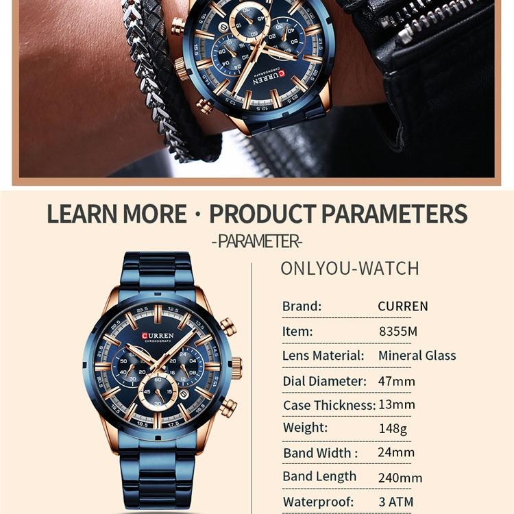 CURREN Steel Strap Watch Simple Calendar Large Dial Business Watch Waterproof Men's Fashion