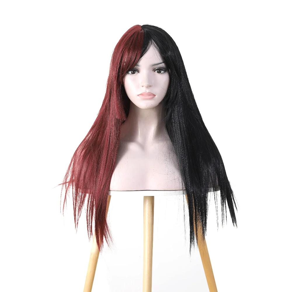 Long Straight Cosplay Synthetic Wig Women Costume Party Black pink Ombre Heat Resistant Synthetic Hair WigsPrincess cuts bangs