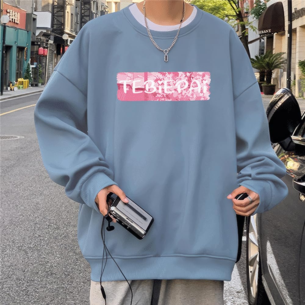 Aaronlive Round Collar Long Sleeve Plus Cute Bear Popular Pullover Loose Size Blue Men's Hoodie, Sizes, Print, Sweatshirt, Casual, Comfortable, Fit,