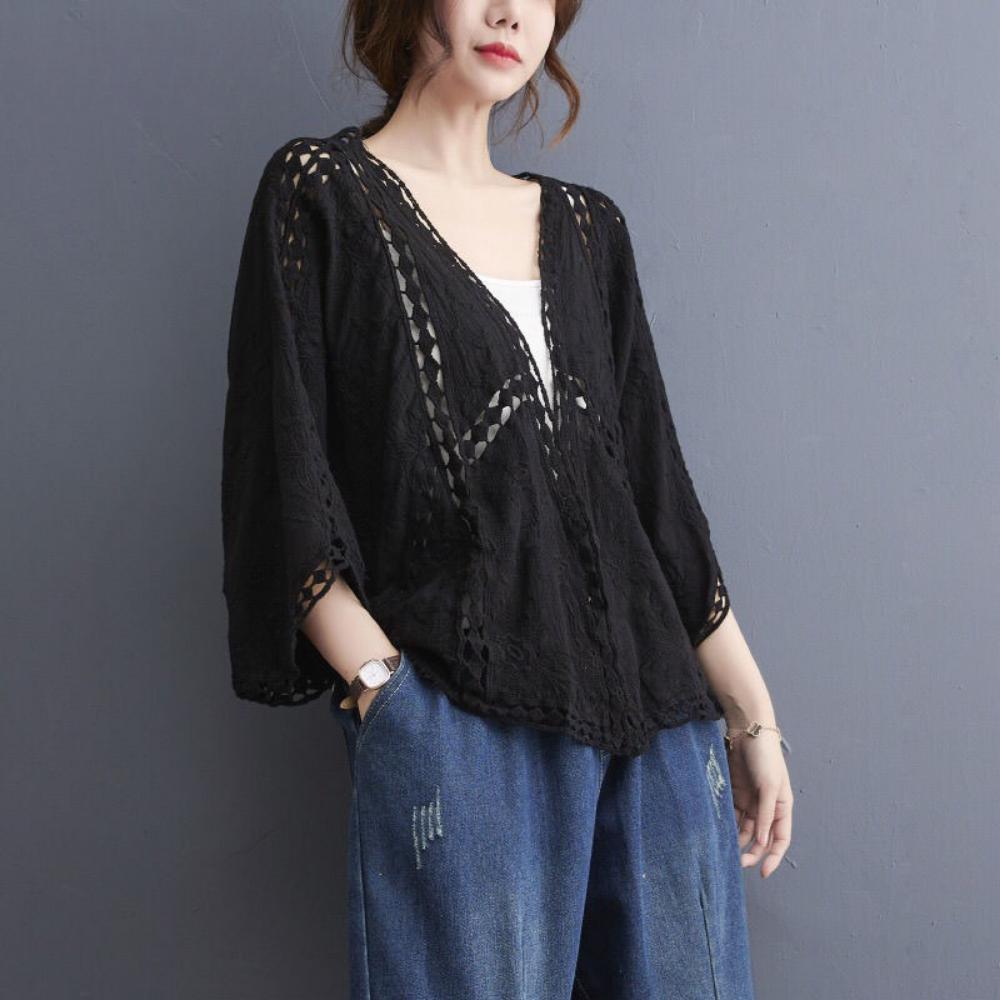 DX- MS64-Spring and Summer Cotton Embroidery Lace Cardigan Short Bat Sleeve Loose Shawl 7 Split Sleeve Air Conditioner Sunscreen Clothes Cover Female