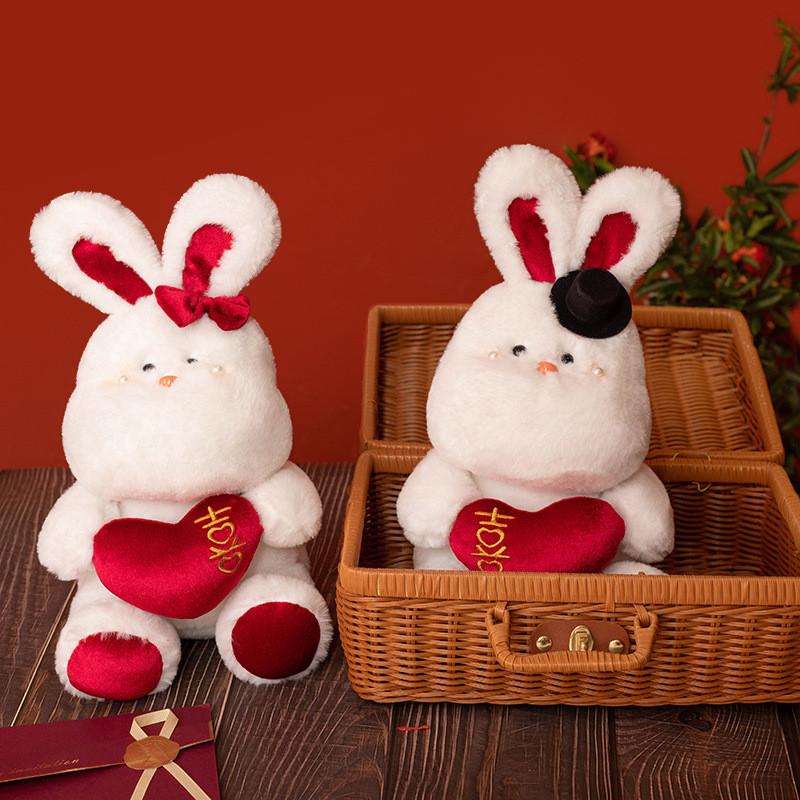 Rabbit Bow Plush Dolls Hat Bunny Stuffed Toy Couple Wedding Gift Decorations