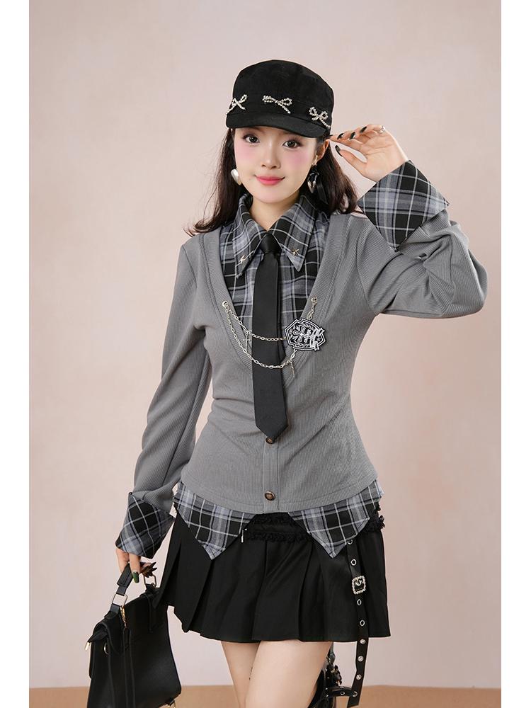 Японский Академический Стиль Клетчатый Пэчворк Приталенная Рубашка и Плиссированная Юбка Комплект L