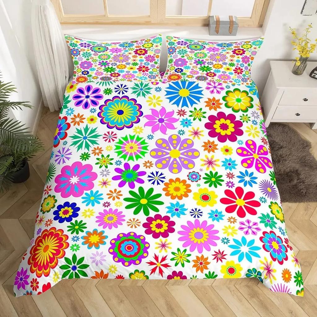 Retro 70er Jahre Hippie Stil Bettbezug Set Queen, Psychedelisches Pilz Bettwäsche Set Regenbogen Blumen Sterne Mond Bettdeckenbezug