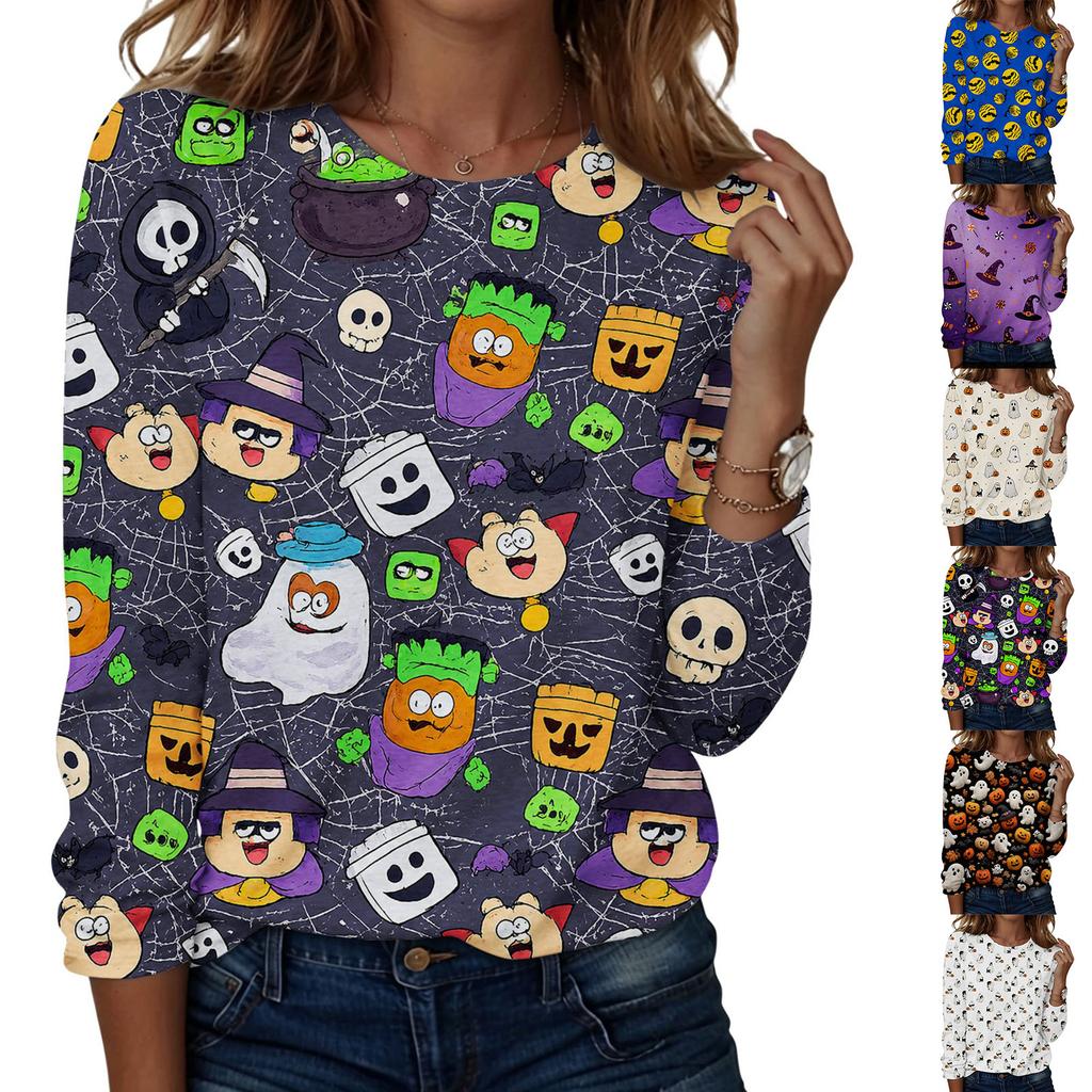 Women's Casual Long Sleeve Round Neck Top with Halloween Print for Party