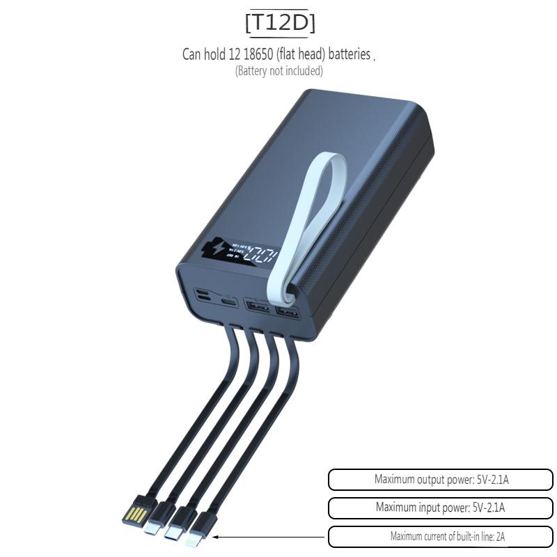 T12D 18650 DIY Power Bank Base with Type C Micro USB Cable Flashlight Fast Power Bank Case 18650 Battery Holder Charging Box Shell