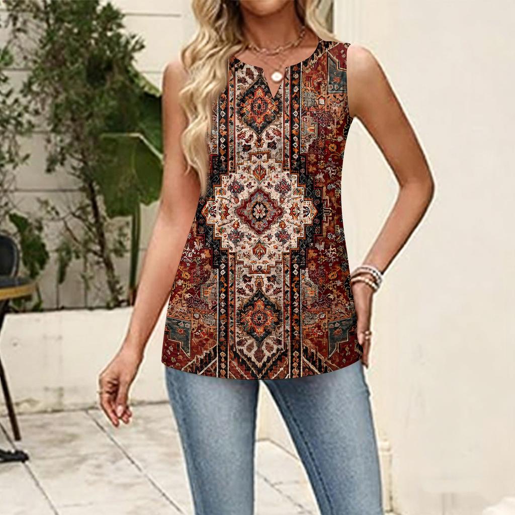 Damski Nowy Retro Kwiatowy Pasiasty Teksturowany Nadruk Dekolt V Luźny Codzienny Plisowany Bezrękawnik Top