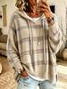 Women's Retro Plaid Hooded Knit Sweatshirt - Loose Fit, Drop Shoulder, Drawstring Pullover Sweater for Casual Wear.