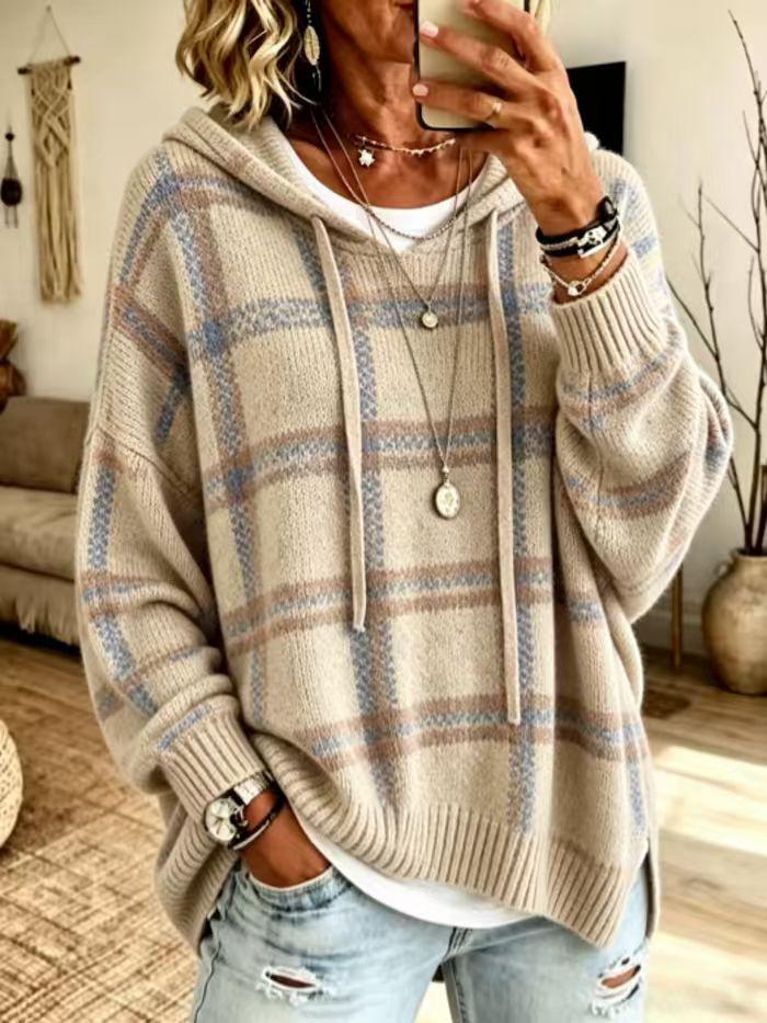 Women's Retro Plaid Hooded Knit Sweatshirt - Loose Fit, Drop Shoulder, Drawstring Pullover Sweater for Casual Wear.