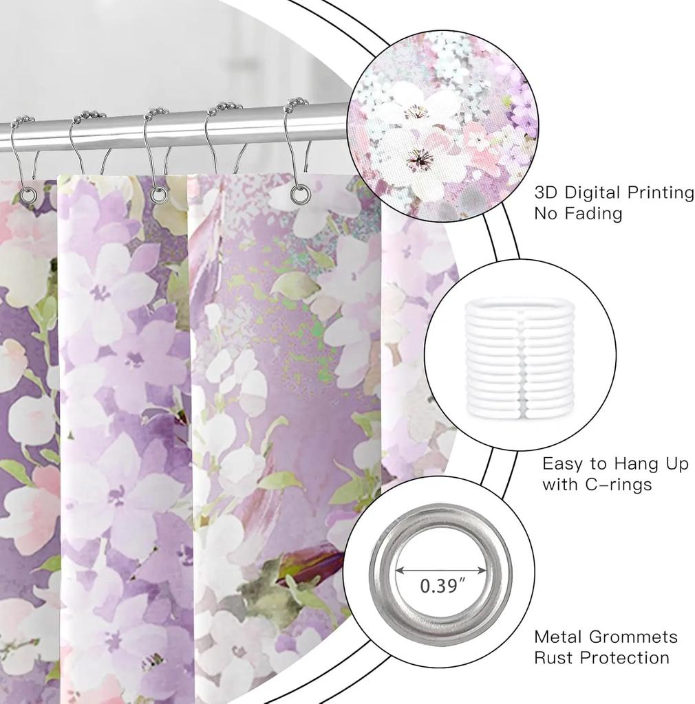 Purple Cute Floral Shower Curtain Color Pink Flower Fabric Bathroom Shower Curtain, Watercolor Cloth Shower Curtain