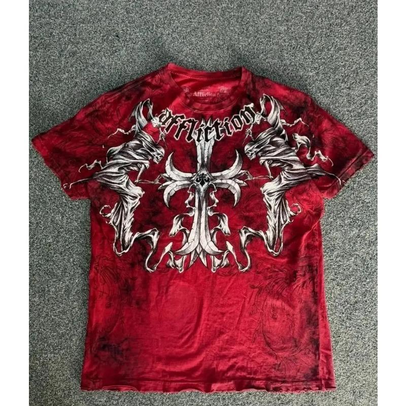 Y2K Red Gothic Thorn Totem Printing Harajuku Style T Shirt High Street Broken Feeling Mens Short Sleeves Couple Collocation