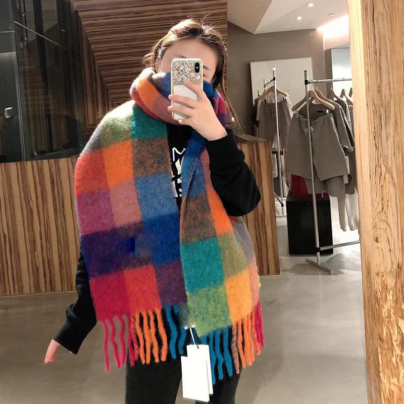 Rainbow Scarf Female Winter Shawl Couple Colorful Plaid Warm and Thickened Ins Fashion Cute Girl Student Versatile