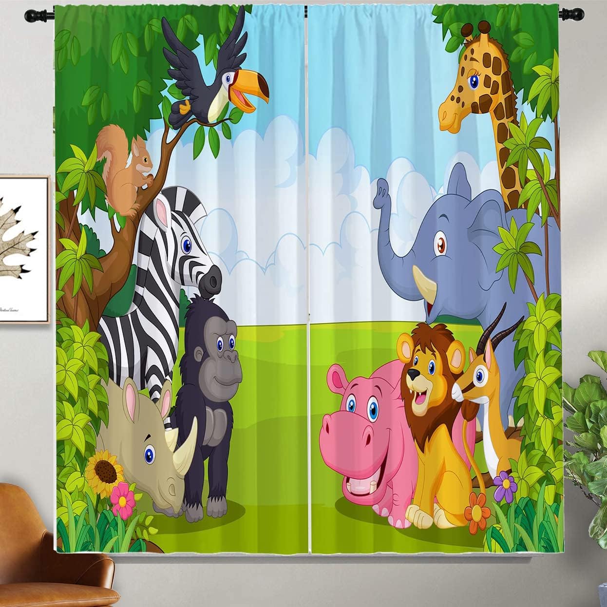 Kinder Cartoon Raamgordijn Wild Dier Olifant Giraffe Leeuw Bedrukt Patroon Gordijn Versier Woonkamer Gordijn 2 Stuks 100W130H(CM)40x51in&Grommet Top