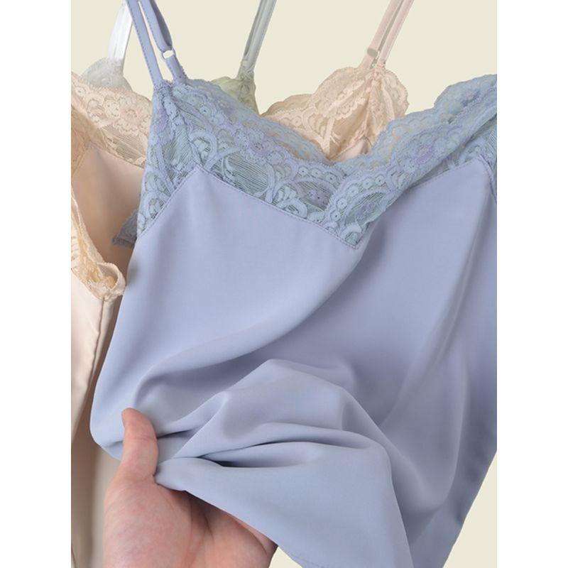Silky Satin Lace Patchwork Camisole Summer Sexy Inner Wear Pure Color Mint Green V Neck Vest