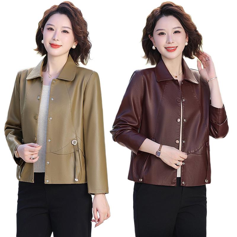 Stilvolle Faltenreduzierende Damen-Lederjacke mit kurzem Revers für Frühling und Herbst