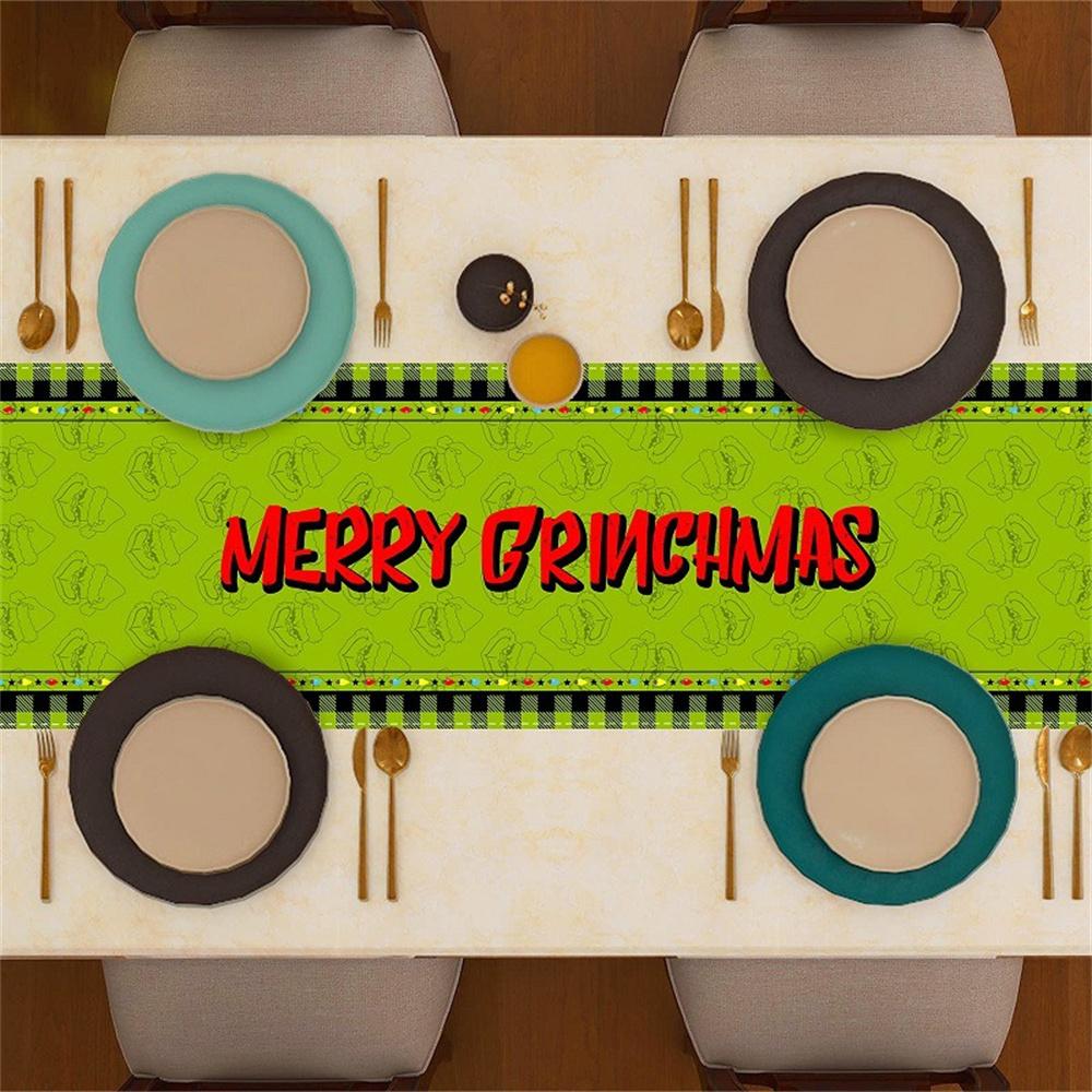Linen Green Grinch Christmas Table Runner Merry Tablecloth Xmas Holiday Table