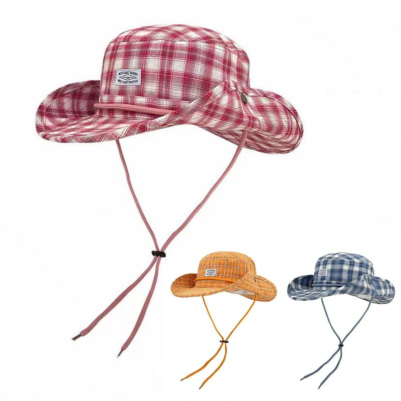Yiran Dayang Hat Women's Korean Style New Niche Casual Plaid Bucket Hats Summer Outdoor Camping Large Brim Sun Protection Sun Hat With Drawstring 56-58Cm